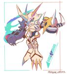  765_nanami blue_eyes character_name chibi digimon digimon_(creature) highres horns looking_at_viewer mecha multiple_heads omegamon robot simple_background twitter_username white_background 