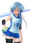  1girl ball blue_eyes blue_shorts bright_pupils character_name commentary_request cowboy_shot elbow_pads english_text grey_hair highres holding holding_ball long_hair marumi_(shiro_maru) open_mouth original parted_lips shiro_maru shirt short_shorts shorts simple_background skindentation sleeveless sleeveless_shirt solo sportswear standing sweat thighhighs volleyball volleyball_uniform white_background white_pupils white_shirt 