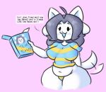  absurd_res anthro breasts canid canine clothed clothing felid feline female hair hi_res mammal potbelly simple_background sleepyslut tem temmie_(undertale) text thick_thighs topwear undertale video_games white_body wide_hips 