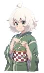  1girl :t absurdres candy_apple closed_mouth food frog green_eyes green_kimono highres japanese_clothes kimono long_sleeves michikusaya nishizuki_shino short_hair smile solo suzumi_shiro_(singer) white_background white_hair 