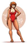 2024 absurd_res anthro arm_tuft bear blue_eyes breasts brown_body brown_fur brown_hair bubble clothing collarbone eyebrows eyelashes feet female fur hair hands_on_hips hi_res lifeguard lifeguard_swimsuit mammal mykegreywolf navel_outline one-piece_swimsuit open_mouth red_clothing red_swimwear shoulder_tuft solo swimwear tan_body tan_fur teeth tuft