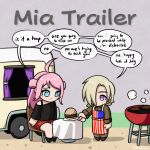  2girls :&lt; ahoge american_flag american_flag_print apron black_shirt blonde_hair blush_stickers brown_shirt burger chibi chibi_only ear_piercing english_text flag_print food frown grey_background grill hair_over_one_eye highres holding holding_plate krakelak long_hair long_sleeves looking_at_another looking_at_food love_live! love_live!_nijigasaki_high_school_idol_club mia_taylor mole multiple_girls no_mouth on_chair one_eye_covered piercing plate pun purple_eyes red_skirt shirt short_hair single-shoulder_shirt sitting skirt smoke speech_bubble table text_focus trailer twitter_username zhong_lanzhu 