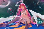  1girl angel_wings artist_name breasts bridal_gauntlets commentary crop_top feathered_wings feathers fuwaffy gloves gradient_hair halo jibril_(no_game_no_life) long_hair looking_at_viewer low_wings magic_circle medium_breasts midriff mismatched_legwear multicolored_hair no_game_no_life open_mouth pink_hair shoes sideboob single_shoe sitting solo tattoo very_long_hair white_wings wing_ears wings yellow_eyes 