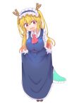  1girl :d alternate_hairstyle blonde_hair blue_dress blush breasts brown_footwear cool-kyou_shinja curtsey dragon_girl dragon_horns dragon_tail dress fang full_body gloves gradient_hair hair_between_eyes happy highres horns kobayashi-san_chi_no_maidragon large_breasts long_hair looking_at_viewer maid maid_headdress multicolored_hair neckerchief open_mouth pink_hair red_eyes red_neckerchief shirt short_sleeves simple_background slit_pupils smile solo standing tail tohru_(maidragon) two_side_up very_long_hair white_background white_gloves white_shirt 