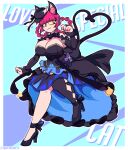  1girl :3 alternate_costume alternate_hairstyle animal_ear_fluff animal_ears black_dress black_footwear black_headwear black_thighhighs blue_background blue_nails blunt_bangs breasts cat_ears cat_girl cat_tail cleavage closed_mouth colored_sclera commentary detached_collar detached_sleeves dress english_commentary english_text full_body hat heart heart_tail high_heels highres huge_breasts jewelry kaenbyou_rin kaenbyou_rin_(pikara_flame) looking_at_viewer multiple_tails peaked_cap quarium red_eyes red_hair ring single_thighhigh slit_pupils solo tail thighhighs touhou touhou_lost_word twitter_username two_tails yellow_sclera 