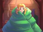  1girl blanket_hug blonde_hair blue_eyes blush circlet derivative_work indoors long_hair maskedgolem pointy_ears princess_zelda screencap_redraw smile solo the_legend_of_zelda the_legend_of_zelda_(cd-i) watermark wrapped_up zelda:_the_wand_of_gamelon 