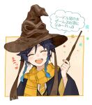  1boy alternate_costume black_hair blue_hair blush braid brown_headwear closed_eyes crossover gradient_hair harry_potter_(series) hat highres holding holding_wand male_focus misoshiru_umai4 multicolored_hair necktie open_mouth scarf solo teeth tongue twin_braids upper_teeth_only venti_(genshin_impact) wand witch_hat wizarding_world yellow_necktie yellow_scarf 