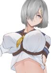  1girl absurdres bangs bdsm blue_eyes blue_sailor_collar bondage bound breast_bondage breast_grab breasts closed_mouth eyebrows_visible_through_hair gloves grabbing grey_hair hair_ornament hair_over_one_eye hairclip hamakaze_(kancolle) harris_hero highres huge_breasts kantai_collection restrained rope sailor_collar school_uniform serafuku shibari shibari_over_clothes short_hair short_sleeves simple_background solo_focus tied_up upper_body white_background white_gloves yellow_neckwear 