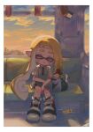  1girl bag blue_sky braid closed_eyes cloud commentary_request highres holding holding_bag inkling inkling_girl inkling_player_character long_hair ochocho2828 pointy_ears shoes single_braid sitting sky sleeping smallfry_(splatoon) splatoon_(series) splatoon_3 tentacle_hair thick_eyebrows train_interior 