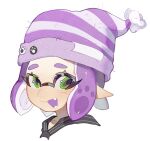  1girl :d beanie commentary_request cropped_shoulders eyelashes green_eyes hat highres inkling inkling_girl inkling_player_character open_mouth pointy_ears purple_hair purple_headwear redbeanpie0 short_hair simple_background smile solo splatoon_(series) striped_clothes striped_headwear teeth tentacle_hair thick_eyebrows upper_body white_background 