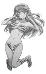  1girl armpits bare_arms bra breasts cleavage closed_mouth collarbone floating_hair full_body greyscale groin highres horns index_finger_raised kazuma_muramasa kneehighs long_hair looking_at_viewer lum medium_breasts monochrome navel panties shiny_skin simple_background sketch smile socks solo strapless strapless_bra striped_bra striped_clothes striped_panties striped_socks thigh_gap underwear underwear_only urusei_yatsura white_background 