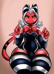  absurd_res bow_tie bulge clothed clothing demon demon_humanoid girly helluva_boss hi_res humanoid male moxxie_(vivzmind) nathanatwar not_furry red_body solo thick_thighs 