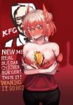  1girl absurdres alternate_costume arknights bare_shoulders between_breasts black_pants blush breasts bright_pupils cheese clenched_teeth collarbone colonel_sanders commentary_request cowboy_shot fiammetta_(arknights) food gomsang-oh hair_between_eyes highres kfc large_breasts looking_at_viewer mayonnaise off_shoulder pants pointy_hair red_background red_eyes red_hair red_shirt shirt short_hair short_sleeves solo standing teeth v-shaped_eyebrows white_pupils 