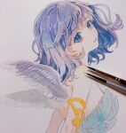  1girl angel_wings art_tools_in_frame back bare_arms blue_eyes blue_hair breasts feather_dress feathered_wings feathers hair_behind_ear highres looking_at_viewer medium_hair original paintbrush painting_(medium) parted_lips photo_(medium) sideboob simple_background small_breasts solo srnmomo traditional_media upper_body watercolor_(medium) white_background white_wings wings 