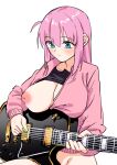  1girl absurdres blush bocchi_the_rock! bottomless breast_rest breasts electric_guitar gibson_les_paul gotoh_hitori guitar highres holding holding_guitar holding_instrument holding_plectrum instrument inverted_nipples jacket large_breasts music nipples one_breast_out one_side_up pink_hair pink_jacket playing_instrument plectrum sake_(vzty5527) sidelocks simple_background solo straight_hair track_jacket white_background 