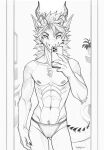 abs andromorph anthro arm_tuft asher_(zepharts) athletic bathroom cellphone clothing dragon dragon_horn electronics fur furred_dragon hair hi_res holding_object holding_phone horn intersex line_art mirror mirror_selfie monochrome mythological_creature mythological_scalie mythology nipples phone plant pubes scalie selfie smartphone solo tail_spines tuft underwear zepharts