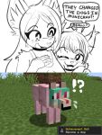 ?! absurd_res achievement_unlocked ande_(hima_nsfw) anthro canid canine canis clothing dialogue dirt face_on_breast felid feline female fox fur grass green_hair hair hand_on_chest happy hi_res hima_nsfw himalaya_(hima_nsfw) holding_another humor hybrid lynx male mammal microsoft minecraft mojang open_mouth pink_body pink_fur plant red_eyes shirt sketch smile tan_body tan_fur topwear transformation wolf xbox_game_studios
