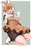  1girl animal_ears bike_shorts_under_skirt blush breasts brown_hair dhole_(kemono_friends) dog_ears dog_girl extra_ears from_below gloves highres kemono_friends kemono_friends_3 large_breasts looking_at_viewer multicolored_hair official_alternate_costume open_mouth seiza shirt short_hair sitting skirt smile solo tail two-tone_hair white_hair yongo_ichifu 
