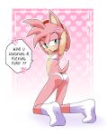  &lt;3 absurd_res accessory amy_rose anthro bichosan bra butt clothing cross-popping_vein dialogue english_text eulipotyphlan female footwear fur green_eyes hair headband hedgehog hi_res kneeling looking_at_viewer looking_back mammal panties pattern_background pink_background pink_body pink_fur pink_hair profanity raised_arms simple_background socks solo sonic_the_hedgehog_(series) speech_bubble text underwear video_games 