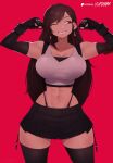  1girl abs breasts brown_hair cleavage elbow_gloves final_fantasy final_fantasy_vii flexing flytrapxx gloves highres large_breasts long_hair one_eye_closed patreon_username red_background red_eyes signature skirt smile solo tank_top teeth thighhighs thong tifa_lockhart toned 
