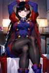  1girl ai-generated artist_request black_hair blunt_bangs boots breasts crossed_legs formal hair_ornament hair_ribbon highres large_breasts long_hair mato_seihei_no_slave military_uniform mole pantyhose pixiv purple_eyes purple_hair ribbon shoes solo uniform yamashiro_ren 