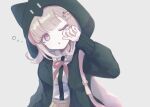  1girl :o backpack bag black_shirt brown_skirt danganronpa_(series) danganronpa_2:_goodbye_despair green_jacket grey_background highres hood hood_up hooded_jacket jacket nanami_chiaki neck_ribbon one_eye_closed pink_bag pink_eyes pink_ribbon pleated_skirt ribbon shirt shirt_tucked_in simple_background skirt solo spaceship_hair_ornament tsumu_(tum_831) two-tone_shirt upper_body white_shirt 