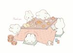  ayu_(mog) blush book bunny chips food fruit kotatsu mandarin_orange no_humans original pillow reading simple_background sitting sleeping sweatdrop table thank_you white_background 