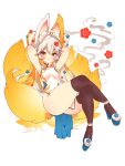  1girl animal_ears ass_visible_through_thighs black_thighhighs breasts china_dress chinese_clothes dress fake_animal_ears fox_ears high_heels highres looking_at_viewer multiple_tails original small_breasts tail thighhighs toconikky white_background white_hair yellow_eyes 