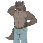 anthro belt belt_buckle bezzeroo_(character) black_eyes black_nose blue_bottomwear blue_clothing blue_jeans blue_pants bottomwear brown_belt brown_body brown_fur brown_hair clothed clothing denim denim_bottomwear denim_clothing fur hair half-closed_eyes hand_behind_head hand_on_hip heyitscousindave hi_res jeans male narrowed_eyes nipples pants shirtless smile solo topless yellow_belt_buckle