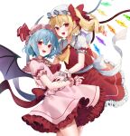  2girls :d absurdres ascot blonde_hair blue_hair bow collared_shirt commentary_request cowboy_shot crystal fang flandre_scarlet frilled_shirt_collar frilled_skirt frills hat hat_bow highres long_hair looking_at_viewer mob_cap multiple_girls open_mouth pink_shirt pink_skirt pointy_ears puffy_short_sleeves puffy_sleeves red_ascot red_eyes red_ribbon red_skirt red_vest remilia_scarlet ribbon shirt short_hair short_sleeves siblings simple_background sisters skirt smile touhou usushio vest white_background white_shirt wings wrist_cuffs yellow_ascot 
