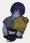  1boy alternate_costume backpack bag blue_eyes blue_hair closed_mouth cropped_torso genshin_impact grey_background grey_sweater_vest holding holding_bag io_spr long_sleeves male_focus scaramouche_(genshin_impact) shirt simple_background solo sweater_vest upper_body white_shirt 