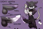 anthro balls bandage bandaged_arm big_balls big_penis black_body bodily_fluids crow_(thedeathcrow) cum cum_on_penis domestic_cat english_text erection felid feline felis genital_fluids genitals hi_res huge_penis male mammal model_sheet muscular penis purple_background simple_background solo tail text thedeathcrow05 undead vein veiny_penis whiskers