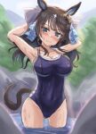  1girl animal_ears armpits arms_up black_hair blue_eyes blurry blurry_background blush breasts cleavage closed_mouth collarbone commentary_request daring_tact_(umamusume) hair_ornament highres horse_ears horse_girl horse_tail medium_breasts medium_hair navel onsen rio_(lio_yuzu) simple_background solo swimsuit tail towel umamusume 