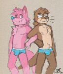  anthro blue_briefs blue_clothing blue_nose blue_underwear briefs brown_body brown_fur brown_nose bubblegum_fox bulge clothed clothing detailed_background duo entwined_arms eye_contact eyewear fur glasses looking_at_another lutrine male mammal mustelid nipples owo pink_body pink_fur smile sweaciabic tan_body tan_fur teeth_showing topless underwear underwear_only unknown_artist unknown_character whiskers 
