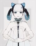  1girl animal_ears bambinata_(punishing:_gray_raven) bare_arms bare_shoulders black_hair blue_eyes braided_hair_rings cat_ears character_name choker commentary_request dress fake_animal_ears frilled_choker frills grey_theme hair_ornament hairclip heart heart-shaped_pupils highres looking_at_viewer mechanical_arms mechanical_parts multicolored_hair ndr26nyahaysk1 parted_lips partially_colored punishing:_gray_raven short_dress signature solo symbol-shaped_pupils two-tone_hair white_choker white_hair 