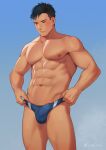  1boy abs artist_name bara black_hair blue_background blue_eyes blue_male_swimwear blush bulge collarbone commentary_request covered_penis cowboy_shot crotch_seam facing_viewer frown gradient_background highres large_pectorals looking_down male_focus male_swimwear muscular muscular_male navel nipples original pectorals short_hair solo standing swim_briefs twitter_username uhai variant_set 
