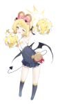  1girl ;d absurdres animal_ear_headwear animal_ears arm_up armpits bear_ears blonde_hair blue_archive blush cheerleader demon_horns demon_tail demon_wings dress fake_animal_ears full_body halo highres horns ibuki_(blue_archive) looking_at_viewer meunhongcha one_eye_closed simple_background sleeveless sleeveless_dress smile solo tail twintails white_background wings yellow_eyes 