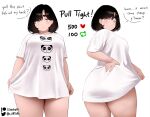  black_hair breasts clothes_pull english_text from_behind highres large_breasts like_and_retweet looking_at_viewer multiple_views naked_shirt original patreon_username plump shirt shirt_pull short_eyebrows short_hair speech_bubble standing t-shirt thick_thighs thighs twitter_username white_background white_shirt zasshu 