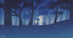  1girl ayu_(mog) blue_theme forest fox from_side hat holding japanese_clothes kimono lantern long_hair monochrome nature obi original rice_hat sash signature solo tree 