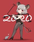  1girl 2020 \||/ animal_ears ass bangs bare_shoulders black_bow black_legwear black_leotard black_neckwear bow bowtie breasts commentary_request detached_collar dowsing_rod eyebrows_visible_through_hair from_behind full_body high_heels highres holding_rod kinkitsu1824 leotard looking_at_viewer looking_back medium_breasts mouse_ears mouse_tail nazrin pantyhose playboy_bunny_leotard rat red_background red_eyes short_hair silver_hair simple_background solo standing tail touhou twisted_torso 