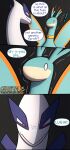 absurd_res angry black_background blue_body collar comic duo elphidran emanata english_text generation_2_pokemon glowing glowing_eyes hi_res legendary_pokemon lugia male male/male nintendo pal_(species) palworld pocketpair pokemon pokemon_(species) red_eyes scared shaking simple_background text url white_body