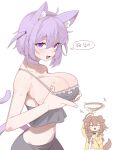  2girls absurdres animal_ear_fluff animal_ears black_camisole black_pants blush breasts brown_hair camisole cat_ears cat_girl cat_tail cocomayo29_(tomato) commentary_request crop_top dog_ears dog_girl hands_on_own_breasts highres holding_lasso hololive inugami_korone inugami_korone_(1st_costume) jacket large_breasts lasso long_hair multiple_girls navel nekomata_okayu nekomata_okayu_(membership) official_alternate_costume pants purple_eyes purple_hair short_hair tail translation_request two_side_up virtual_youtuber yellow_jacket 
