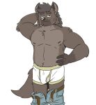 anthro belt belt_buckle bezzeroo_(character) black_eyes black_nose blue_bottomwear blue_clothing blue_jeans blue_pants bottomwear bottomwear_down boxer_briefs brown_belt brown_body brown_fur brown_hair bulge clothed clothing colored_seam_boxer_briefs colored_seam_underwear denim denim_bottomwear denim_clothing fur hair half-closed_eyes hand_behind_head hand_on_hip heyitscousindave hi_res jeans male narrowed_eyes nipples pants pants_down partially_clothed smile solo topless underwear unzipped unzipped_jeans unzipped_pants urine_stain white_boxer_briefs white_clothing white_underwear yellow_belt_buckle yellow_seam_boxer_briefs yellow_seam_underwear zipper
