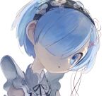  1girl blue_eyes blue_hair close-up commentary_request expressionless hair_ornament hair_over_one_eye highres looking_at_viewer maid nedoco parted_lips re:zero_kara_hajimeru_isekai_seikatsu rem_(re:zero) short_hair simple_background sketch solo white_background x_hair_ornament 