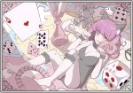  1girl ace_(playing_card) ace_of_hearts alice_(black_souls) animal_ears black_leotard black_souls card cat_ears cat_girl cat_tail cheshire_cat_(black_souls) chess_piece chxulozsx collar cube curly_hair dice eight_of_diamonds_(playing_card) grimm_(black_souls) heart highres king_(chess) legs_up leotard looking_at_viewer lying mini_person minigirl on_back paw_pose pink_hair playing_card puppet puzzle sharp_teeth six_of_clubs solo striped_tail tail teeth ten_of_spades 