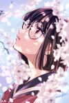  1girl artist_name black-framed_eyewear black_sailor_collar blurry branch brown_eyes brown_hair cherry_blossoms commentary_request day depth_of_field falling_petals flower from_side glasses looking_up neckerchief original outdoors parted_lips petals red_neckerchief round_eyewear sailor_collar school_uniform serafuku short_hair signature solo sugano_manami upper_body white_flower 