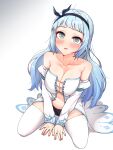  1girl arms_between_legs bare_shoulders black_hairband black_panties blue_hair blue_trim blunt_bangs blush breasts cleavage collarbone detached_sleeves dress dulldull eyelashes from_above full_body gradient_hair grey_eyes hairband highres large_breasts long_hair long_sleeves looking_up magician_(ice_lightning) maplestory multicolored_hair navel open_mouth panties puffy_sleeves short_bangs simple_background sitting solo strapless strapless_dress thighhighs underwear wariza white_background white_dress white_sleeves white_thighhighs 