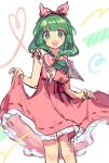  1girl bare_shoulders bow dress front_ponytail green_eyes green_hair hair_bow hair_ribbon highres kagiyama_hina lifted_by_self looking_at_viewer open_mouth red_bow red_dress red_ribbon ribbon sketch solo touhou twitter_username yadoyuki 