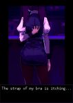  15l52271423 1girl absurdres adjusting_another&#039;s_clothes arm_behind_back ass bartender black_pantyhose english_commentary english_text from_behind highres indoors jill_stingray juliet_sleeves long_hair long_sleeves pantyhose pencil_skirt puffy_sleeves purple_hair skirt solo twintails va-11_hall-a vest 