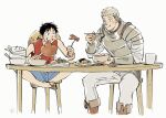  2boys :t armor black_hair blue_shorts boned_meat boots bowl bowl_stack commentary crossed_legs crossover cup dam_(okdam3) dungeon_meshi eating english_commentary eye_contact flip-flops food fork grey_hair grey_pants grin hat highres holding holding_food holding_fork holding_spoon laios_touden looking_at_another male_focus meat monkey_d._luffy mug multiple_boys one_piece pants plate_armor red_shirt sandals sausage shirt short_hair shorts sideways_glance sitting sleeveless sleeveless_shirt smile soup spoon stool straw_hat table unworn_hat unworn_headwear wooden_table 